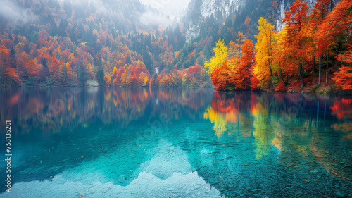 Vibrant autumn leaves reflect in a crystal-clear mountain lake, flanked by a backdrop of majestic mountains.