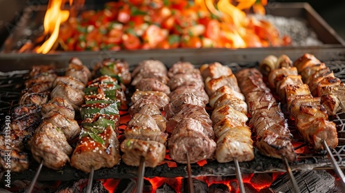 Skewers of marinated meat and vegetables grilling over glowing charcoal, with flame-kissed tomatoes in the background.