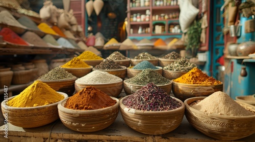 Artfully arranged spice bowls offer a feast for the senses at a rustic market, inviting exploration of global flavors.