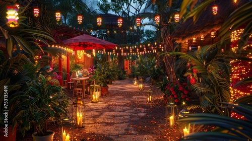 Twilight descends on a lush tropical garden restaurant adorned with colorful lanterns and intimate candlelit pathways.