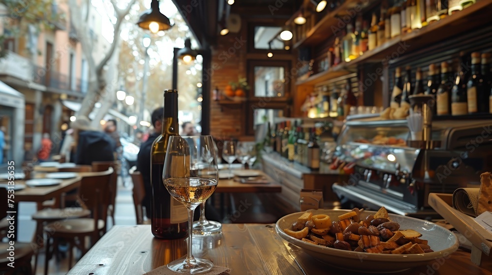 Inside a cozy wine bar, a glass of white wine pairs with a plate of gourmet snacks, inviting an intimate gastronomic experience.