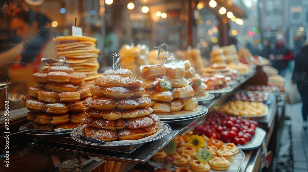 A tempting bakery display features high stacks of sweet pastries, dusted with powdered sugar and ready for the taking.