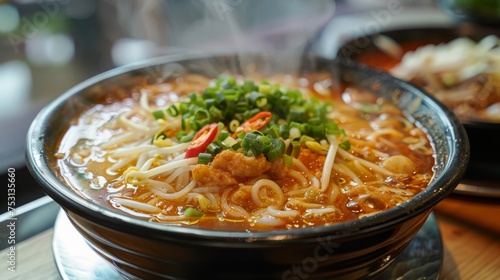 Close-up of a steaming hot bowl of spicy noodle soup, garnished with fresh green onions and chili, perfect for a hearty meal.