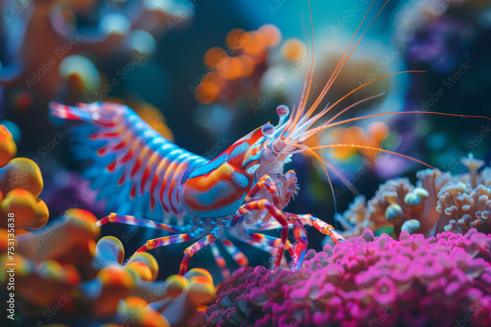 Two vibrant peacock mantis shrimps stand out among the coral reef, showcasing their striking colors and intricate patterns.. Two vibrant peacock mantis shrimps stand out among the coral reef, showcasing their striking colors and intricate patterns..