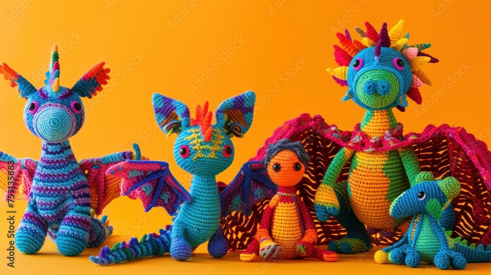 Whimsical illustration of crochet amigurumi creatures wearing vibrant ponchos a majestic amigurumi dragon with a fiery cape stands guard