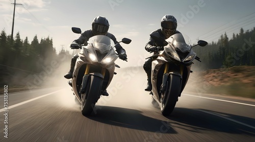 Two motorcycles are observed on a dusty highway, with both riders wearing full motorcycle gear. 