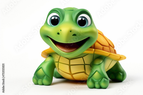 Playful cartoonish turtle toy, with a happy expression, placed against a spotless white background, inviting adventure.