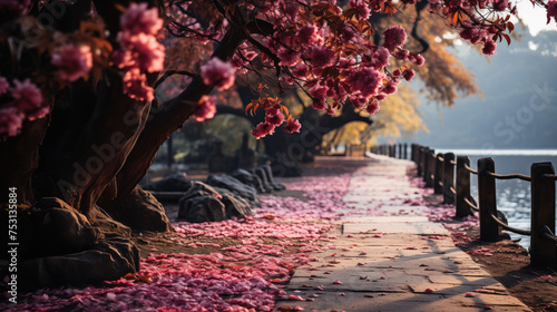 an alley by the pond, strewn with pink petals of blossoming sakura trees