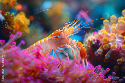 Two vibrant peacock mantis shrimps stand out among the coral reef  showcasing their striking colors and intricate patterns..
