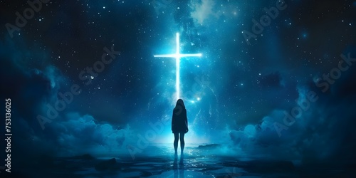 Women standing in front of cross illuminated by divine light and starry sky symmetrical photo centered professional photo copy space. Concept Faith-inspired Photoshoot, Divine Illumination