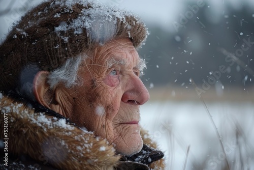 An elder's warm attire stands out against the snowy backdrop, insinuating resilience in harsh conditions photo