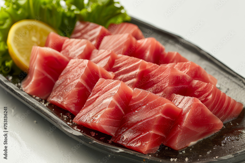 Slices of fresh salmon sashimi presented on a ceramic plate, garnished with herbs, ready for a Japanese cuisine experience.. Slices of fresh salmon sashimi presented on a ceramic plate, garnished with herbs, ready for a Japanese cuisine experience..