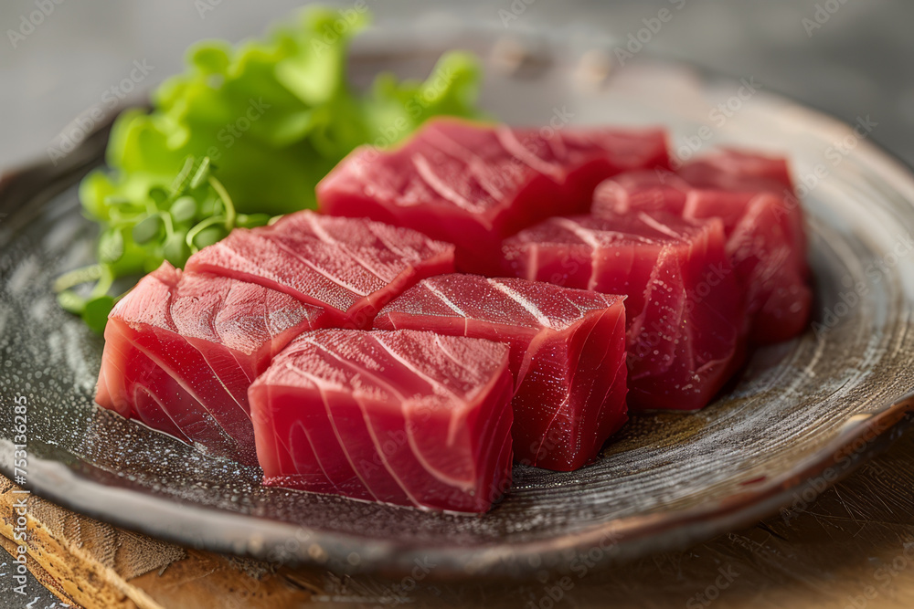 Slices of fresh salmon sashimi presented on a ceramic plate, garnished with herbs, ready for a Japanese cuisine experience.. Slices of fresh salmon sashimi presented on a ceramic plate, garnished with herbs, ready for a Japanese cuisine experience..