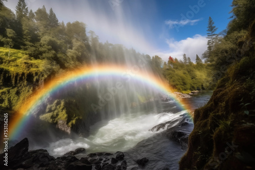 Rainbow gracefully arches over a cascading waterfall  painting a vivid natural scene with elements of water  sky  and lush landscape  capturing the beauty of nature s display in Canada