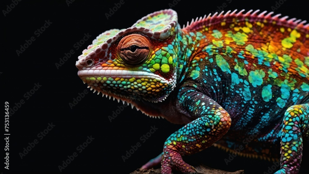 multicolored chameleon with iridescent skin in speckles over black background