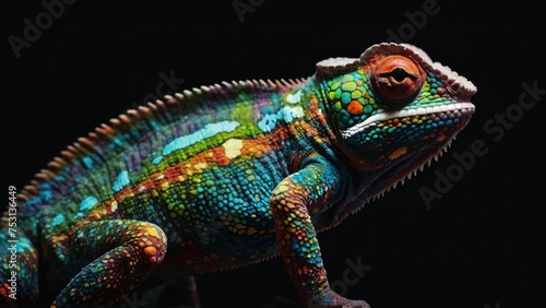 multicolored chameleon with iridescent skin in speckles over black background