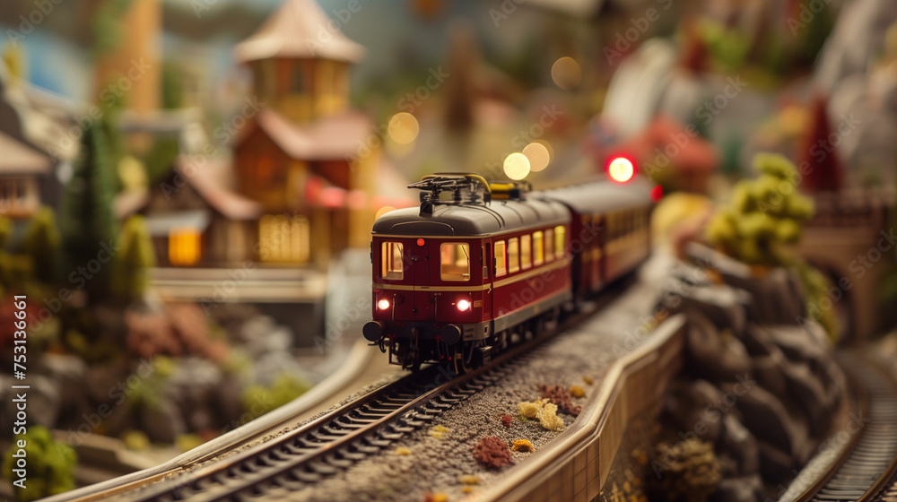 A model train is moving along a miniature railway
