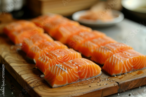 Preparation of fresh salmon fillets seasoned with herbs and spices on a wooden cutting board in a professional kitchen..