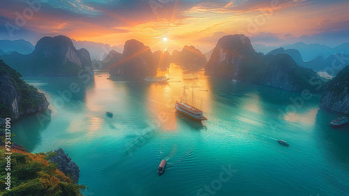 Traditional Vietnamese boats float on the tranquil waters of Halong Bay under a captivating sunset behind limestone karsts..