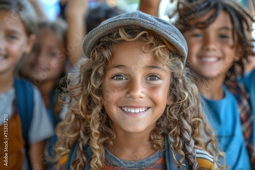 Cheerful child wearing a fashionable cap and a warm smile, surrounded by friends