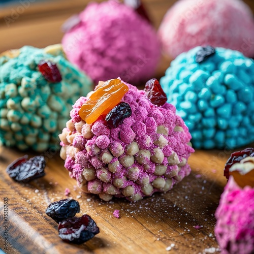 Chickpea truffles with dried fruit being coated in different types of powder