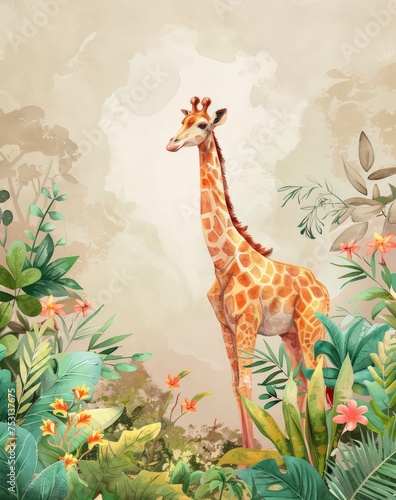 A tall giraffe stands in the midst of a dense jungle  surrounded by lush green foliage and towering trees.