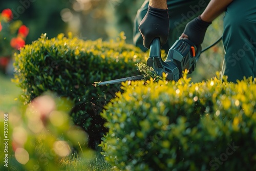 The gardener cuts the bosket grass, prunes smooth bushes