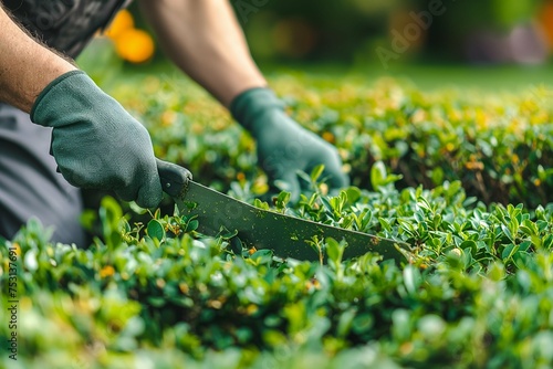 The gardener cuts the bosket grass, prunes smooth bushes