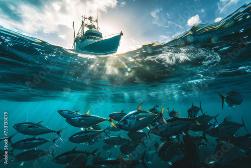 Fishermen on a small boat above a large school of fish captured in a stunning split underwater and above water shot in the open ocean.. © bajita111122
