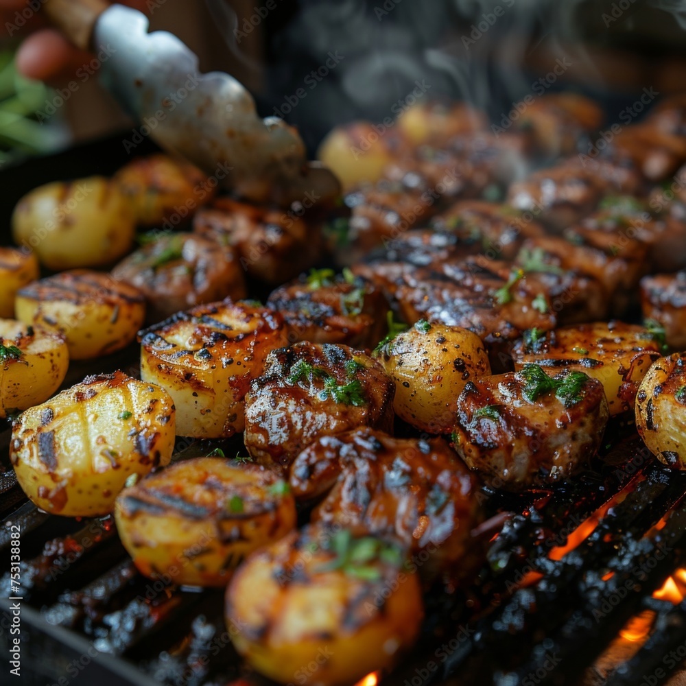 Chef cooking potato with meat on grill. Hand Using Tongs For Turning potatoes on Barbecue. Smoke in slow motion. Chef cooking potato with meat on grill. Hand Using Tongs For Turning potatoes on Barbecue. Smoke in slow motion.