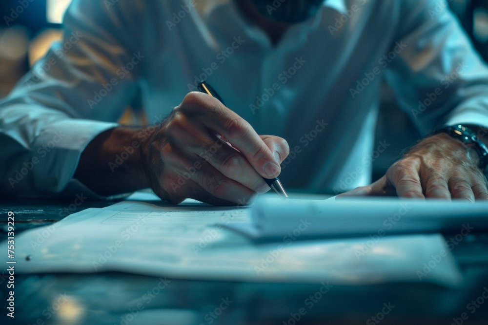 Business Man Signing Documents Blue Background
