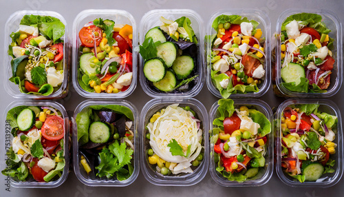 Ready-to-eat vegetable salads in plastic boxes. Nutritious meals. Organic products. Tasty food.