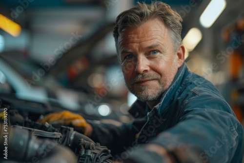 close-up of a man in his 40s mechanic working in a car workshop, looking at the camera, smiling, near the engine of a car, blurred background of workshop workers and cars are visible