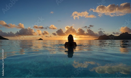 The moment when the woman stands in the arms of the sea with the beautiful sunset