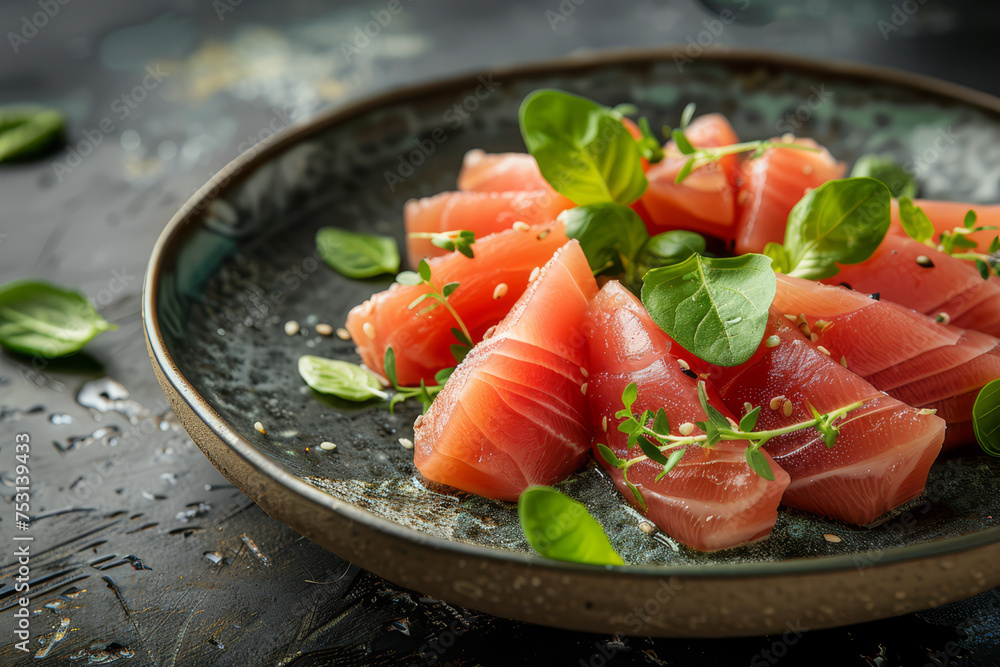 Slices of fresh salmon sashimi presented on a ceramic plate, garnished with herbs, ready for a Japanese cuisine experience.. Slices of fresh salmon sashimi presented on a ceramic plate, garnished with herbs, ready for a Japanese cuisine experience..