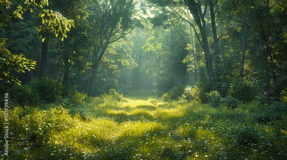 Deep untouched forest, large green grass fields. AI generated content. No people. Beauty of wild nature. Summer day. pure nature with green vegetation, ready for tourists to arrive  - obrazy, fototapety, plakaty 