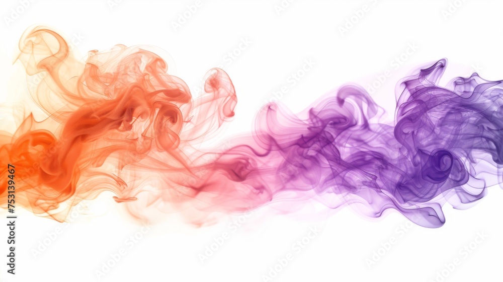 Dynamic interaction of orange and purple smoke, billowing clouds originating from a single source, orange smoke on the left, purple smoke on the right, blending in the middle, dense silky texture