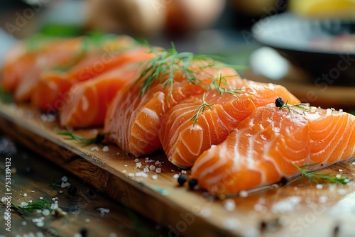 Slices of fresh salmon sashimi presented on a ceramic plate, garnished with herbs, ready for a Japanese cuisine experience..