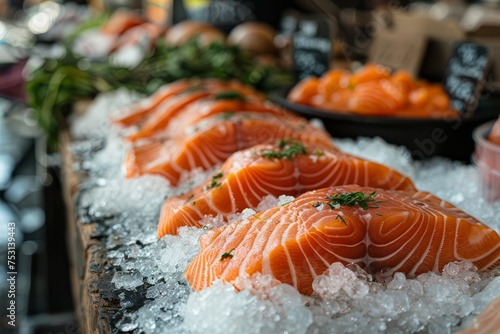 Slices of fresh salmon sashimi presented on a ceramic plate, garnished with herbs, ready for a Japanese cuisine experience..