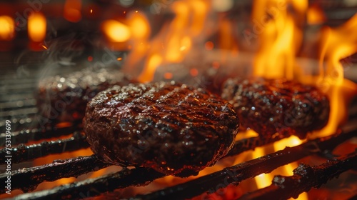 Flames burning in slow motion while cooking meat for Hamburger or burger in restaurant kitchen. Delicious meat being cooked on fiery barbecue grill.