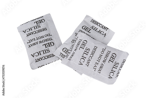 Silica gel or desiccant in paper bag isolated on white background.