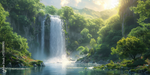 A breathtaking landscape of a powerful waterfall cascading into a tranquil river surrounded by vibrant greenery and sunlight filtering through the trees..