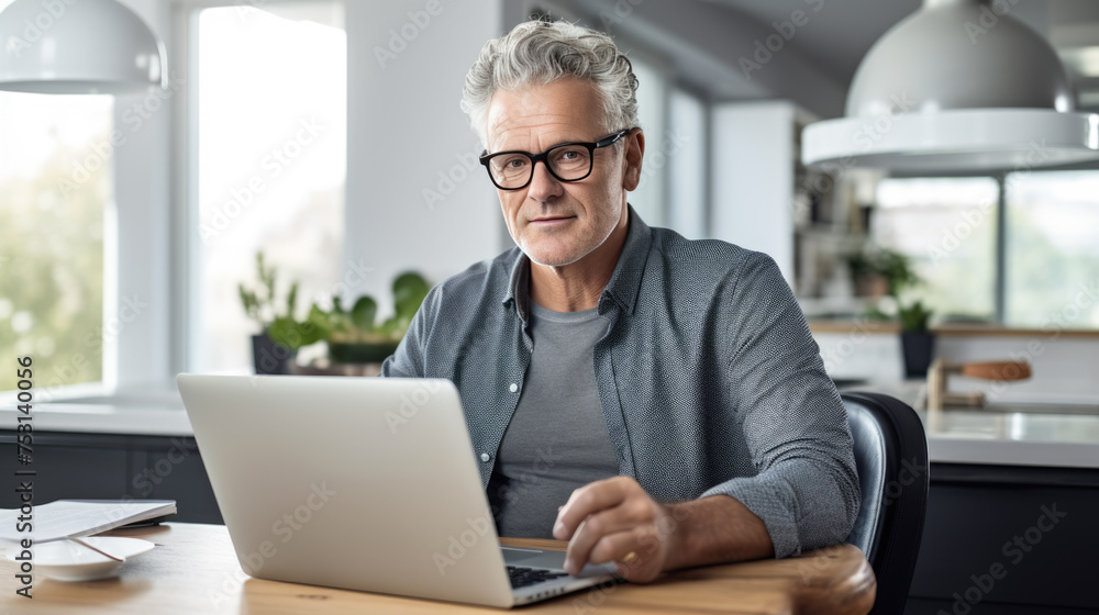Middle aged man working on a laptop in his modern office Middle aged man working on a laptop in his modern office
