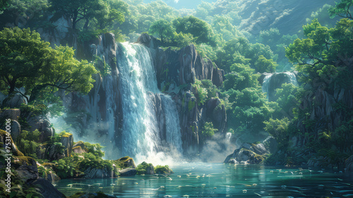 A breathtaking landscape of a powerful waterfall cascading into a tranquil river surrounded by vibrant greenery and sunlight filtering through the trees..