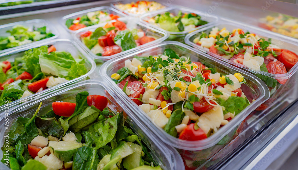 Ready-to-eat vegetable salads in plastic boxes. Nutritious meals. Organic and natural products. Tasty food. Ready-to-eat vegetable salads in plastic boxes. Nutritious meals. Organic and natural products. Tasty food.