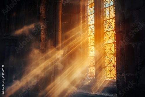 Sunlight enters a church through a vibrant stained glass window, casting colorful patterns on the interior walls. © pham