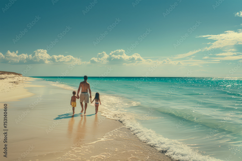 Silhouette of a family with two children and a dog enjoying a peaceful walk along the beach .