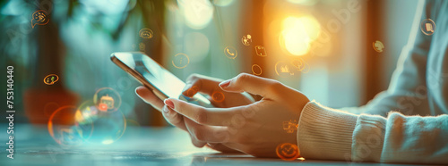 Person chatting online with smartphone in office,various icons,generative ai