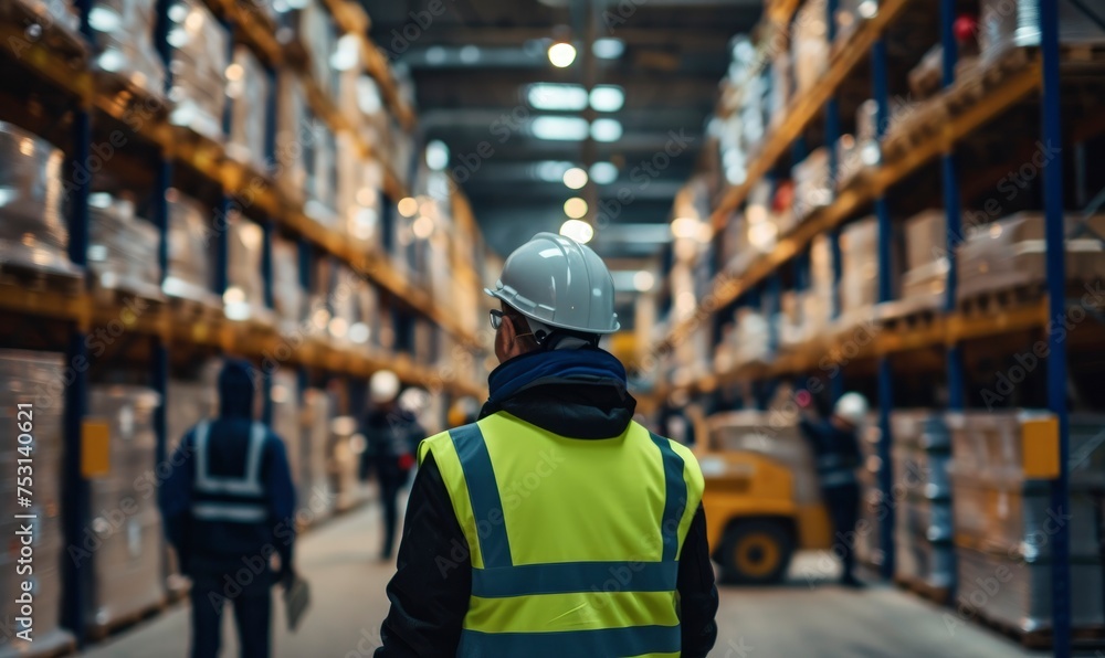 Worker with helmet working in warehouse. huge industrial warehouse with workers. Worker with helmet working in warehouse. huge industrial warehouse with workers.
