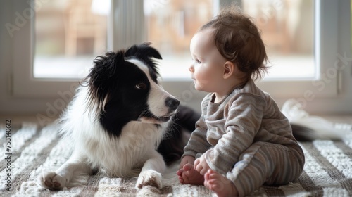 Sitting one year old baby caresses border collie back on living room carpet, white room furnished elegant striped coloured cotton carpet, near large window photo